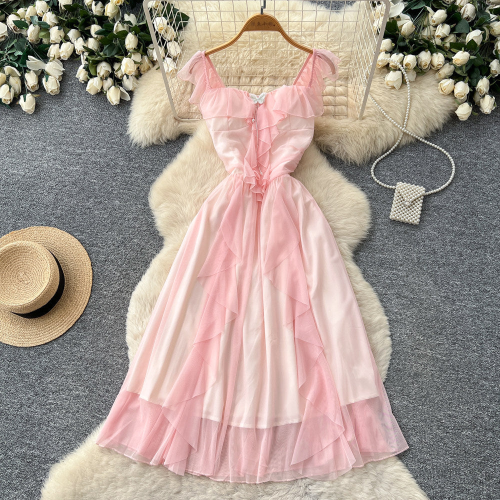 French sweet bowknot camisole dress - women's summer ruffle backless a-line dress - slimming, elegant, vacation style