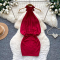 Sexy halter pure desire red hip cover dress women's summer hot girl royal sister backless silm slimming look hip cover skirt