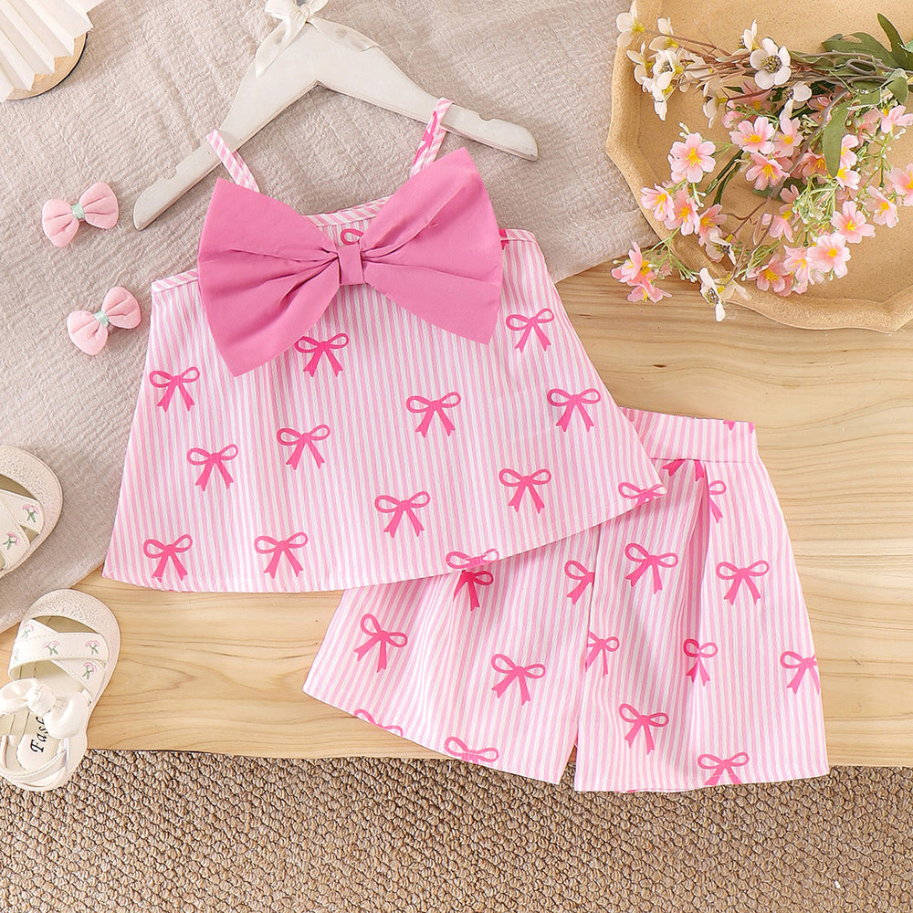 Girls' bowknot striped outfit - pink suspender shorts two-piece set - sweet summer outfit for baby girls