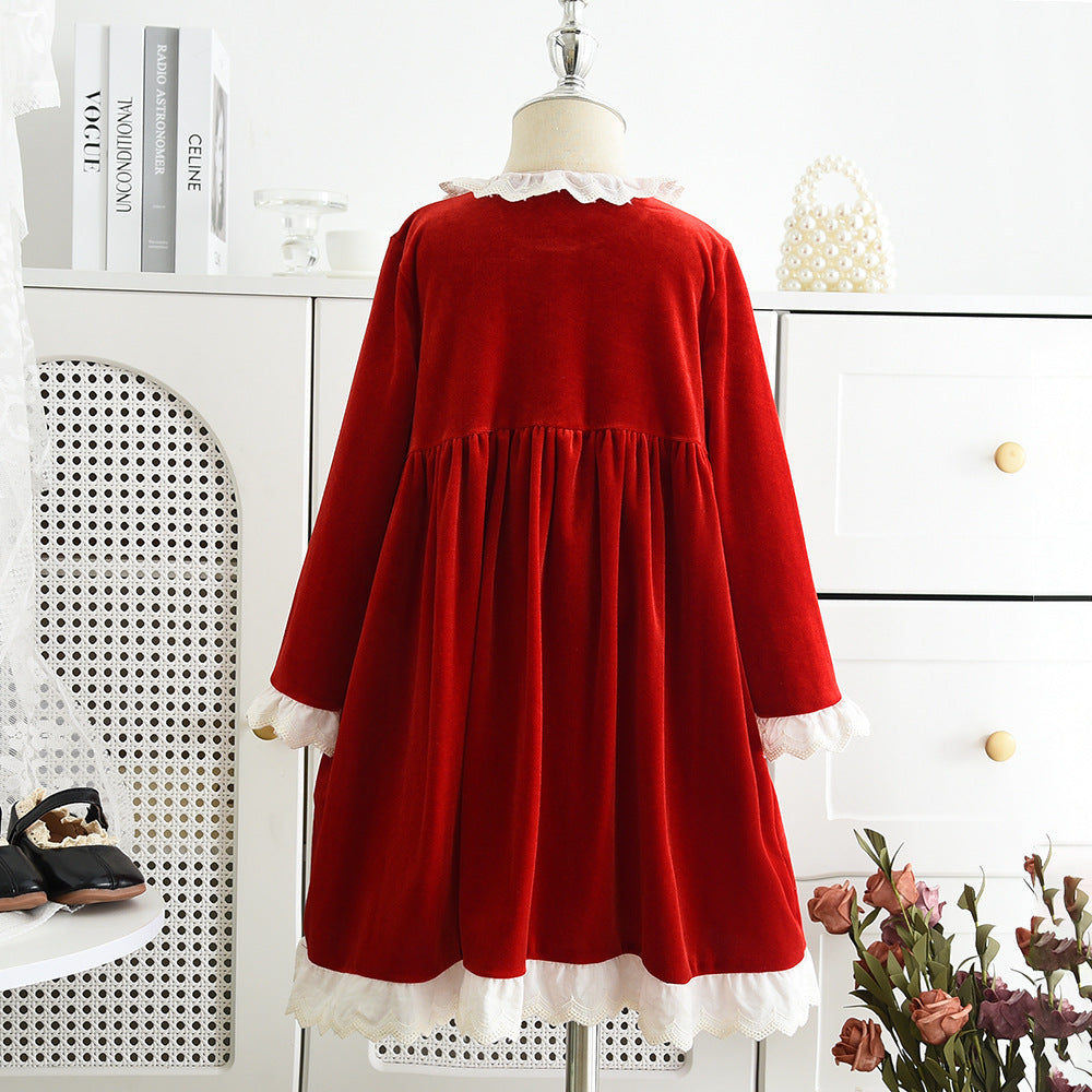 Girls' autumn/winter new arrival: elegant lace collar dress - christmas party dress, vintage lace trim princess dress