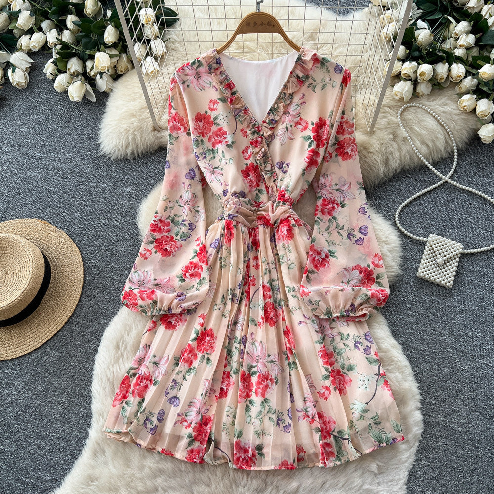 French floral print dress for women, spring  collection: long sleeve, v-neck, tie-waist, a-line silhouette – slimming, elegant, and chic