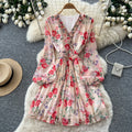 French floral print dress for women, spring  collection: long sleeve, v-neck, tie-waist, a-line silhouette – slimming, elegant, and chic