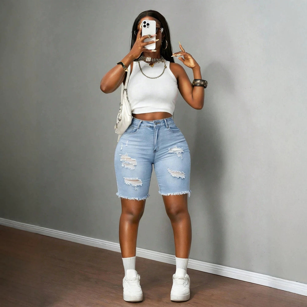 Fashionhigh waist ripped denim pants for women raw edgestraight-leg stretch half length pants silmslimming look hot girl style