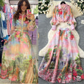 Elegant and chic printed set for women: european and american style lantern sleeve button-down blouse + high-waisted flared midi skirt