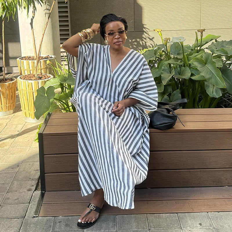 European and american women's clothing  autumn new sweet and fresh loose plus size striped v-neck batwing sleeve straight maxi dress