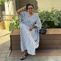 European and american women's clothing  autumn new sweet and fresh loose plus size striped v-neck batwing sleeve straight maxi dress