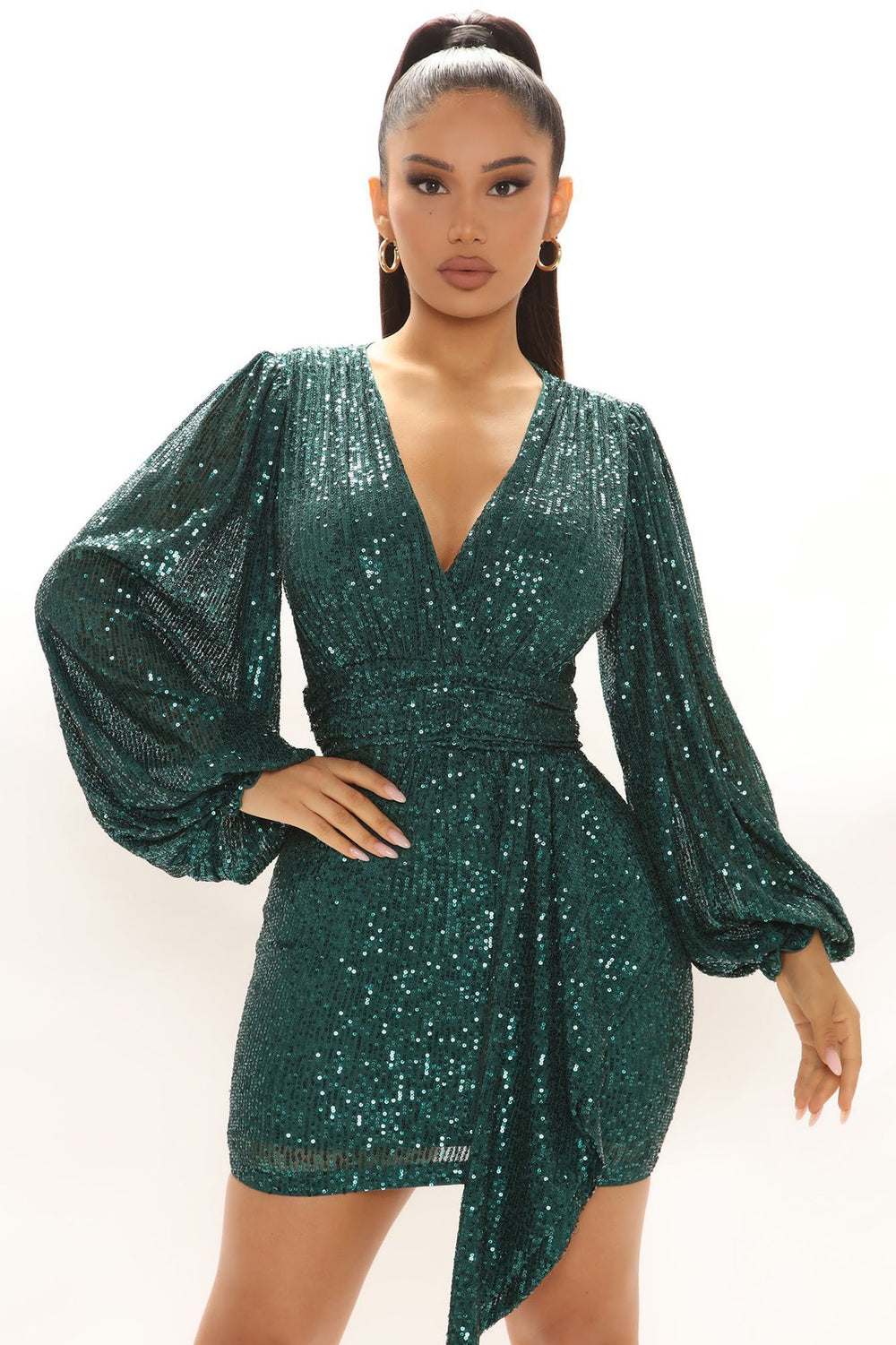 european and american style sequin deep v-neck lantern sleeve bodycon mini dress - perfect for cross-border e-commerce and nightclub looks