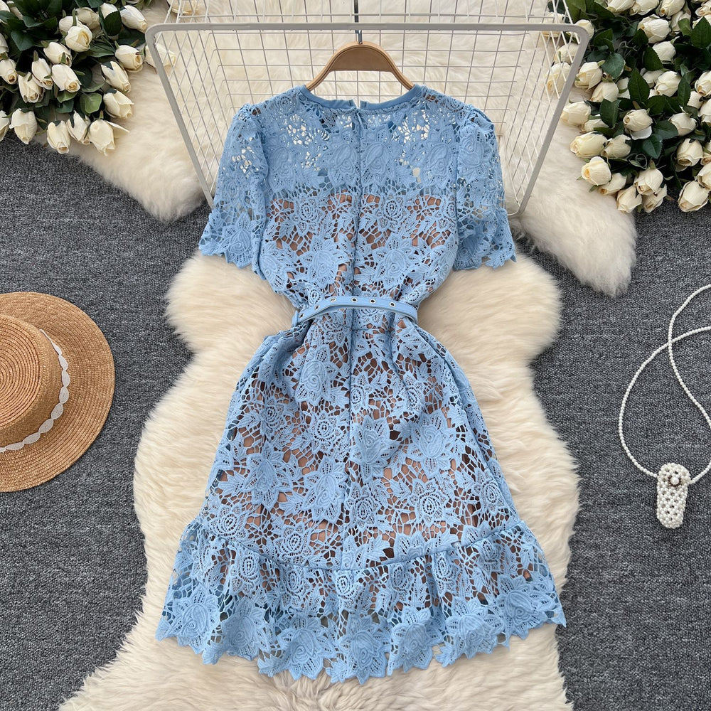 Luxury chic: women's summer midi dress - exquisite cutout embroidery, unique and elegant