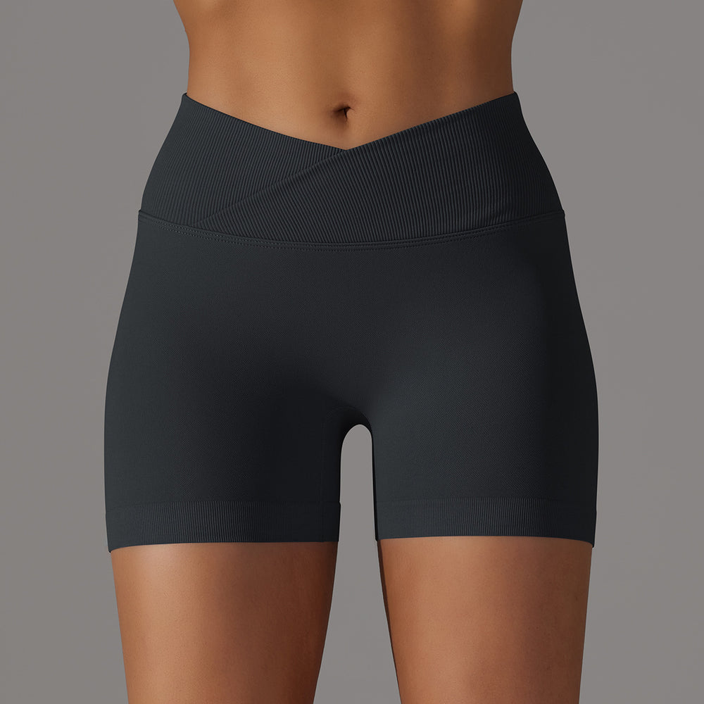 fashion seamless knitting breathable pure color cross waist peach butt yoga shorts running fitness three-quarter pants women