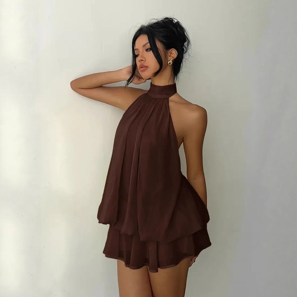 European and american cross-border  new collection: slim-fit, sexy, backless, halter neck, cinched waist top with flared mini skirt dress for women
