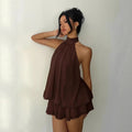 European and american cross-border  new collection: slim-fit, sexy, backless, halter neck, cinched waist top with flared mini skirt dress for women