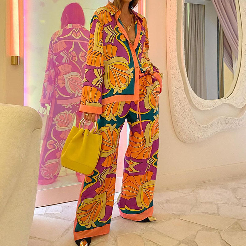 European and american style loose-fit printed long-sleeve shirt ethnic-inspired casual fashion set - custom design and manufacturing available