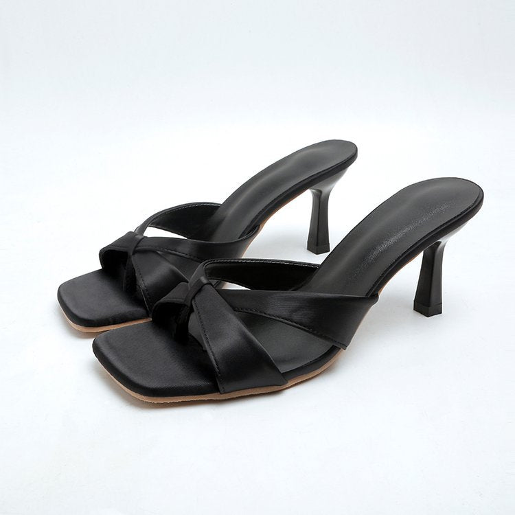 2026 summer square toe high heel cross bows decoration shallow mouth thin heel back open heel flip flop sandals women