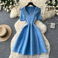 export blue knitted pleated dress for women,  summer new arrival, sequin-embellished a-line dress, versatile commute dress