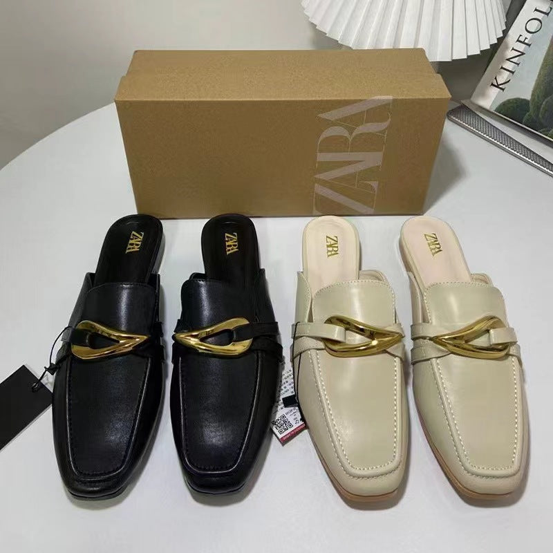 2024 spring new tr women's shoes white metal decoration detail slingback boat shoes round toe half slippers flats shoes