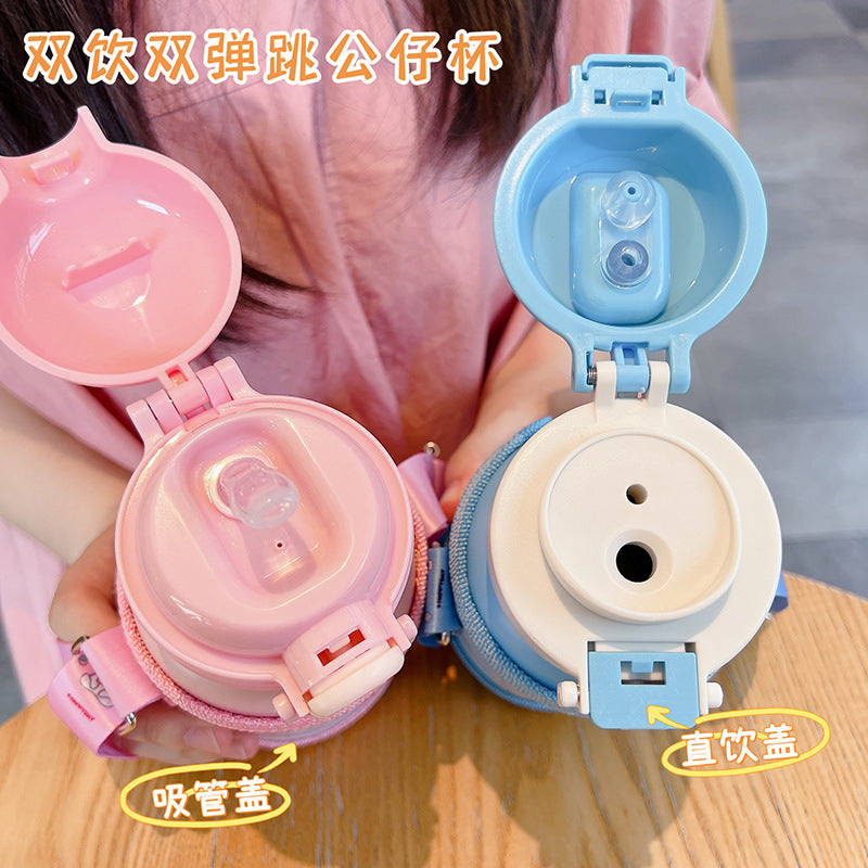 New cartoon character double-drink kids' thermos cup, 316 stainless steel food-grade water bottle with sleeve and straw