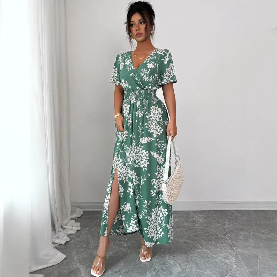 new cross-border french print v-neck summer women's dress