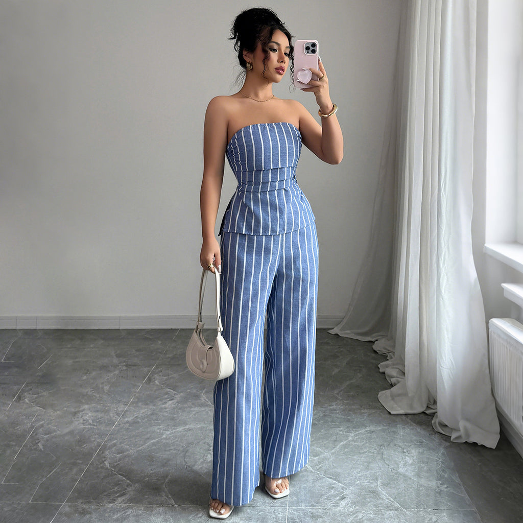 Cross-border fashion elegant tube top striped trousers two-piece suit women's clothing 2025 spring and summer  non-ironing and comfortable
