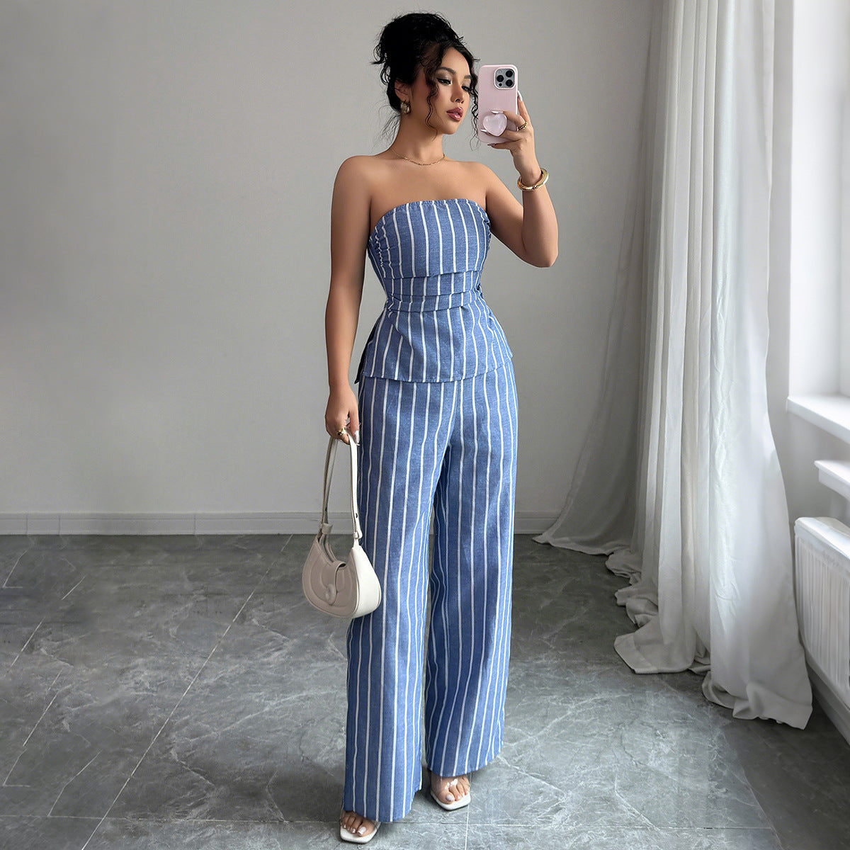 Cross-border fashion elegant tube top striped trousers two-piece suit women's clothing 2025 spring and summer  non-ironing and comfortable