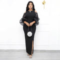 european and american mesh see-through flared sleeve dress plus size african women's black slim fit maxi dress