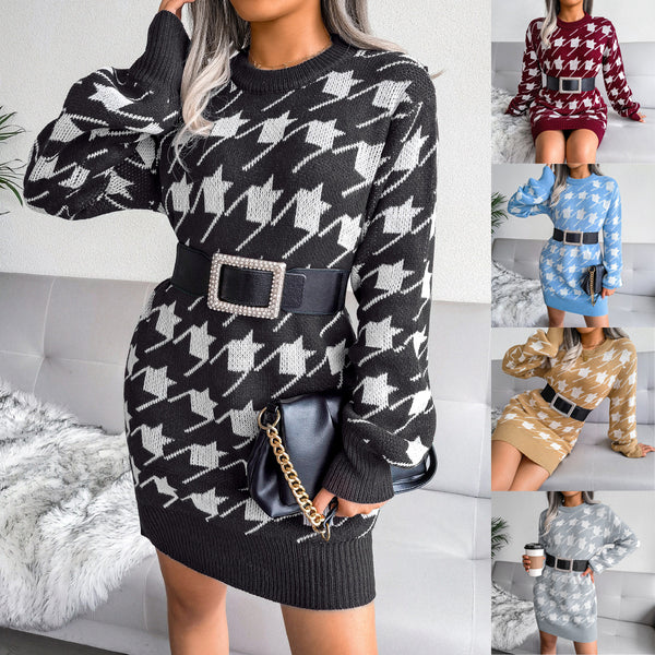 ins wind real shot autumn and winter European and American casual lantern sleeves thousand bird grid knitted sweater skirt, independent station  women's clothing