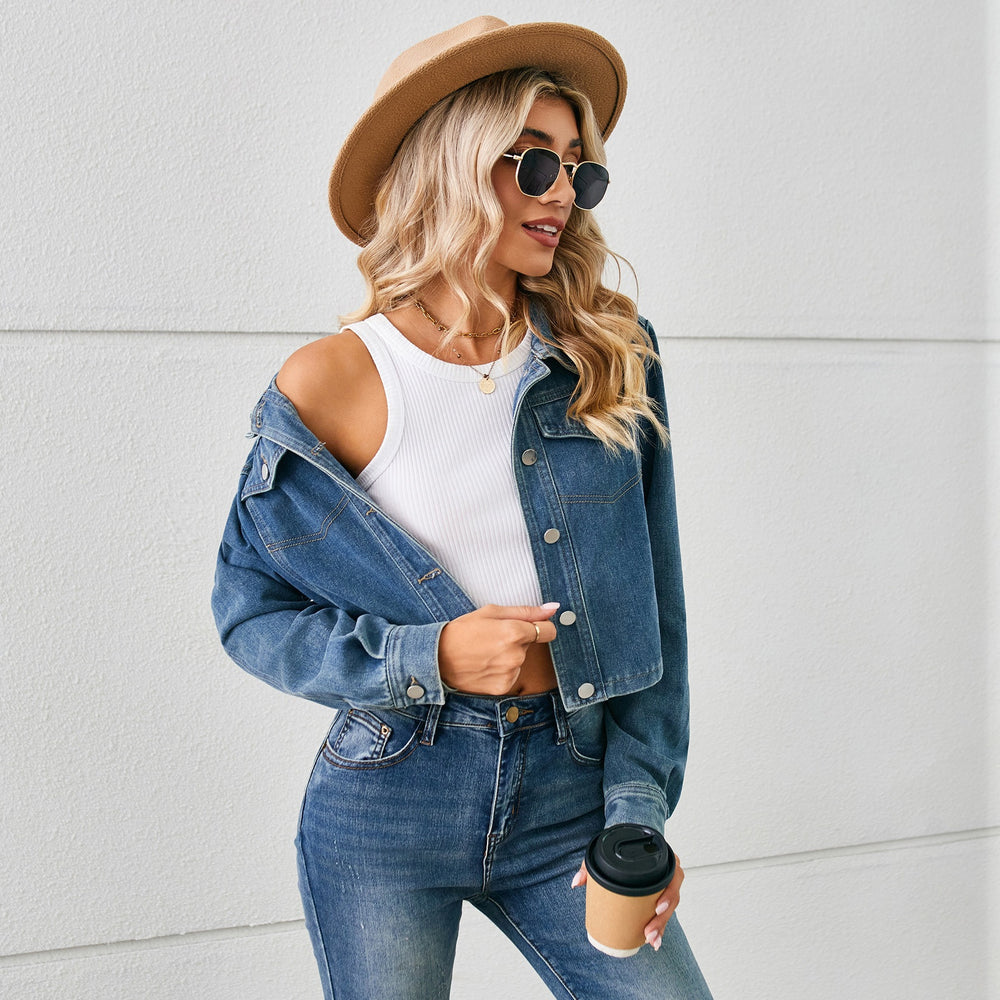 American hot girl   new cross-border export washed denim cropped jacket top long sleeve women's
