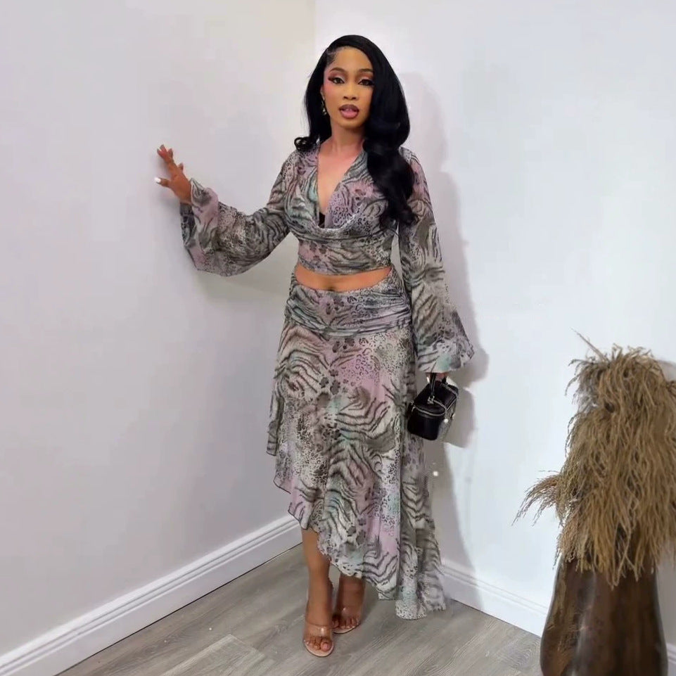 European and american cross-border women's fashion  summer new sexy leopard print lantern sleeve blouse and high-waisted midi skirt set