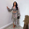 European and american cross-border women's fashion  summer new sexy leopard print lantern sleeve blouse and high-waisted midi skirt set