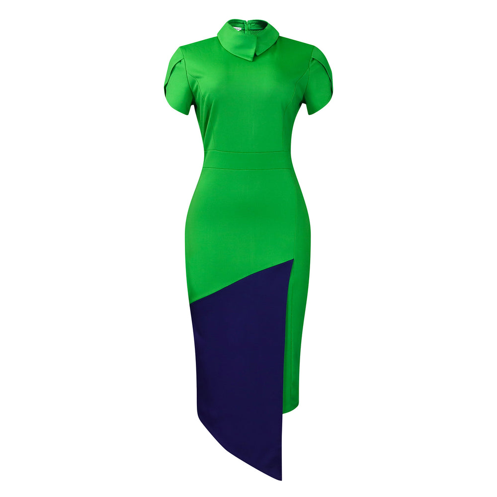 D493  foreign trade women's summer asymmetrical neck fashionable elegant short sleeve bodycon color block pencil skirt african dress