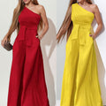 cross-border e-commerce women's fashion: european and american summer new arrivals - stylish and elegant solid color one-shoulder tie-up wide-leg jumpsuit