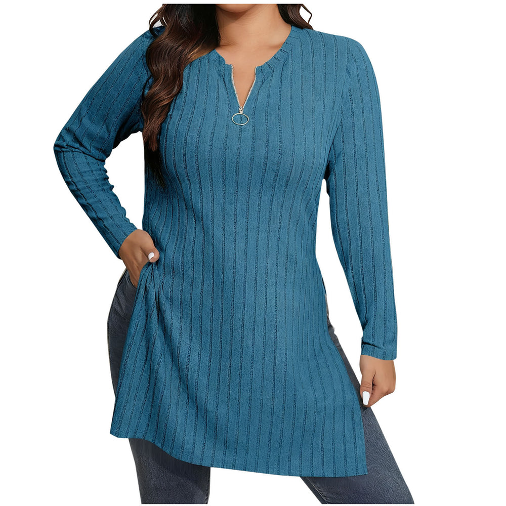 cross-border  women's casual solid color half-zip v-neck loose fit side slit long sleeve top