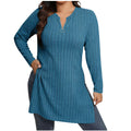 cross-border  women's casual solid color half-zip v-neck loose fit side slit long sleeve top