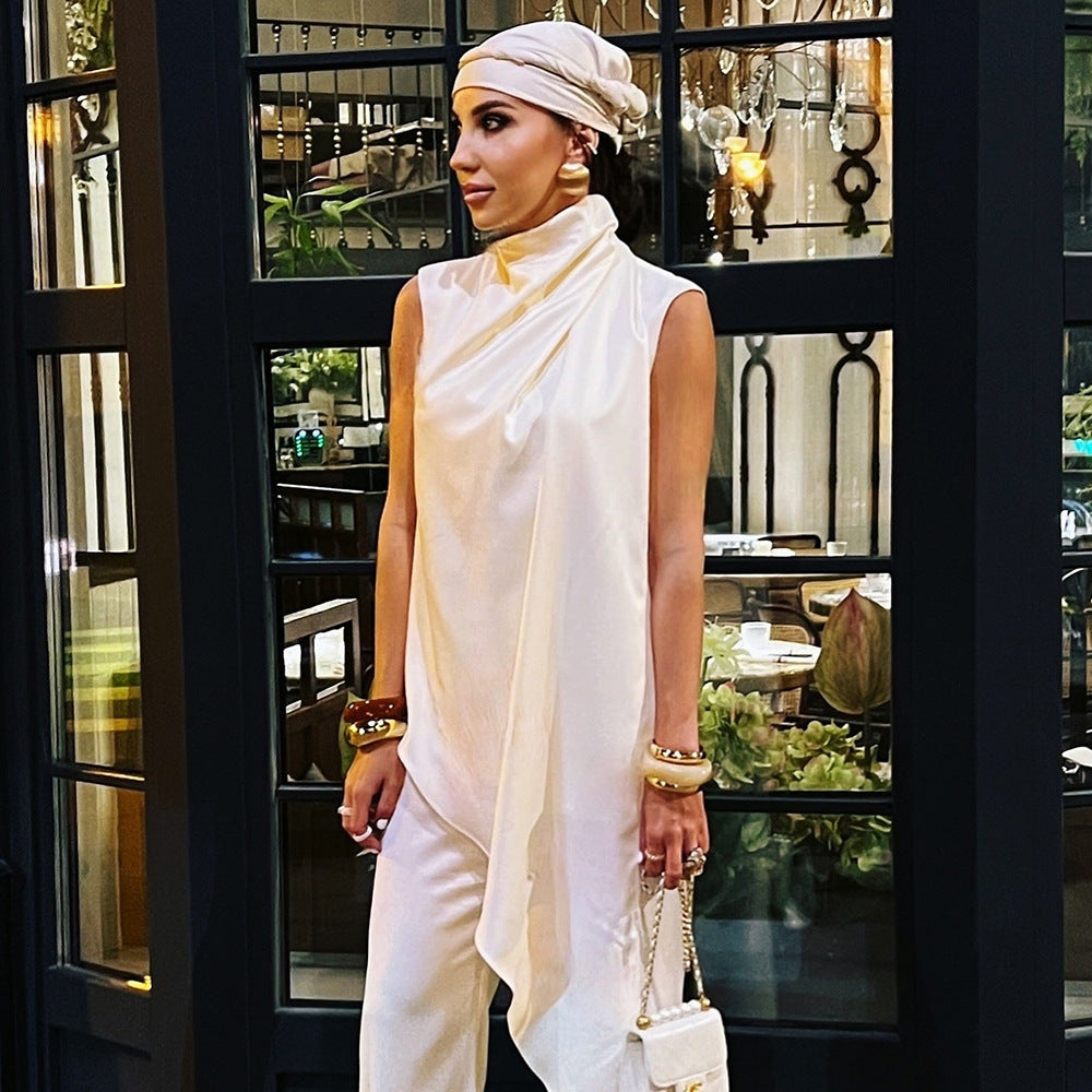 European and American  women's clothing new semi-turtleneck button-up sleeveless top design sense casual temperament irregular T-shirt women