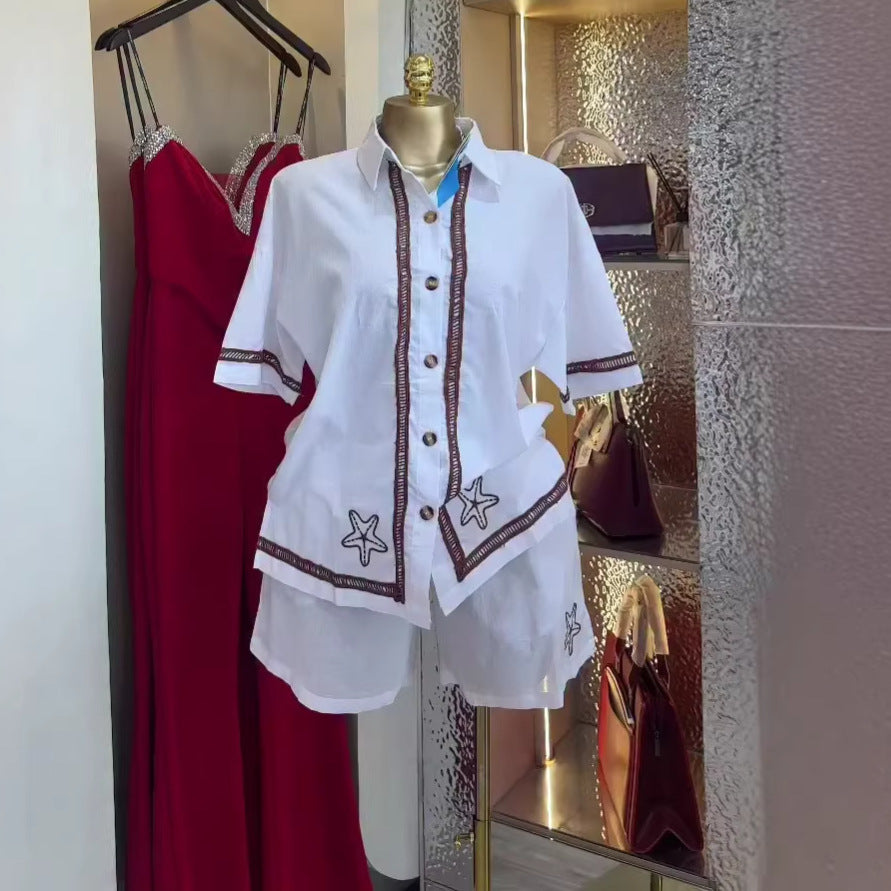 European and american cross-border women's fashion:  summer new collection - chic and elegant loose-fit turn-down collar short-sleeve shirt and wide-leg shorts set