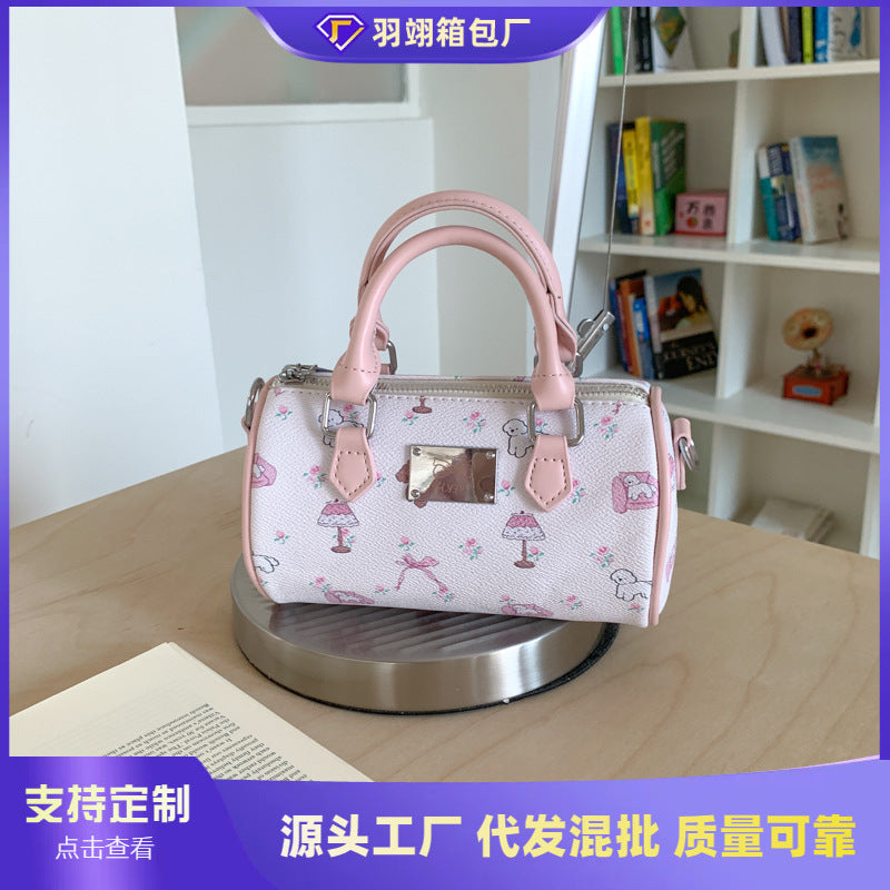 Cross-border high-end portable cylinder small bag women's 2025 new retro printed Boston bag shoulder bag oblique span