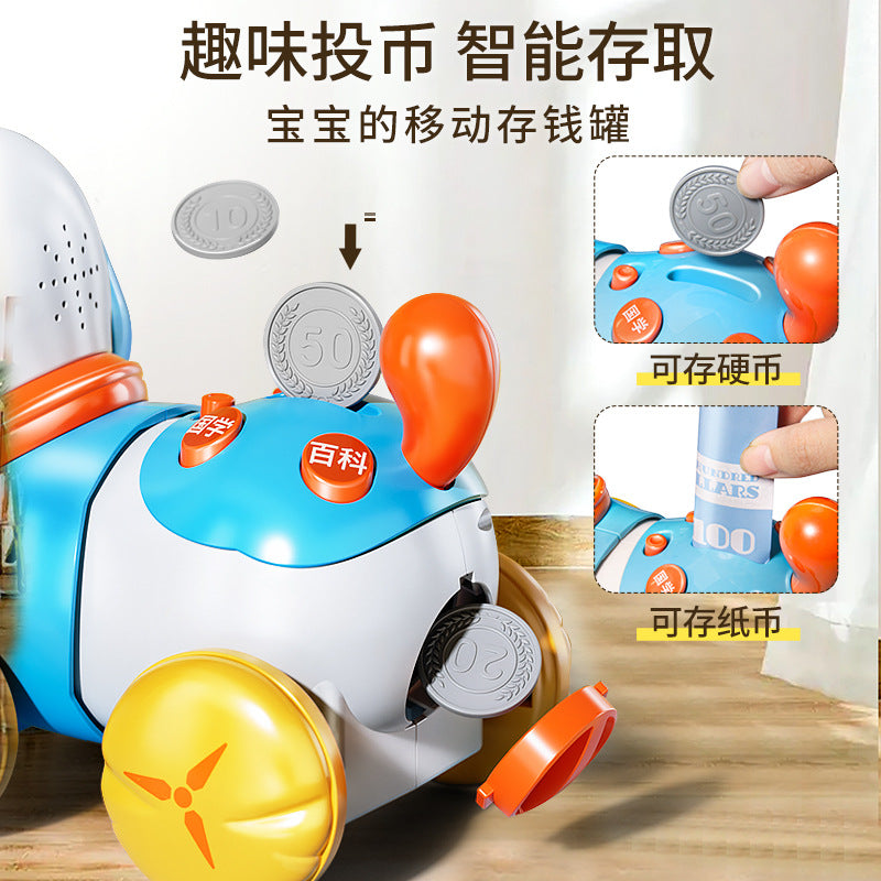 Kids' pull-along dog toy: educational, early learning, money bank, musical, light-up, crawling, interactive toy with touch-sensitive feeding feature