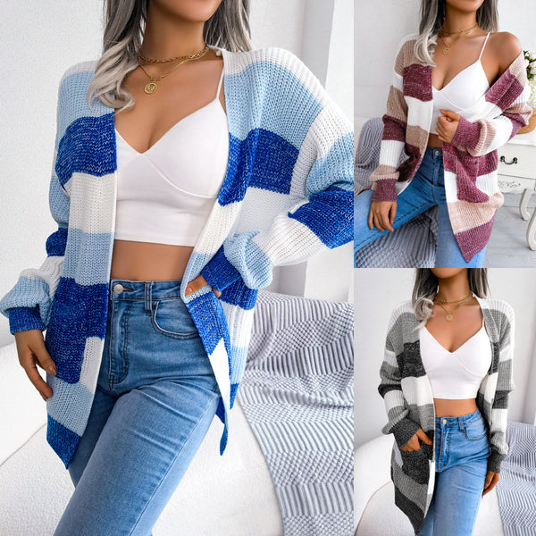 Real shot European, American autumn and winter contrasting colors striped lantern sleeves casual cardigan sweater jacket,   women's clothing