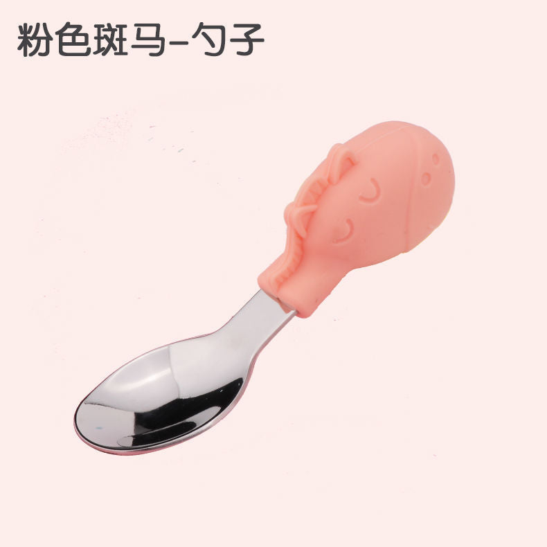 Wholesale baby stainless steel cutlery set: short-handled forks, spoons, silicone plates, and feeding utensil set for infants and toddlers