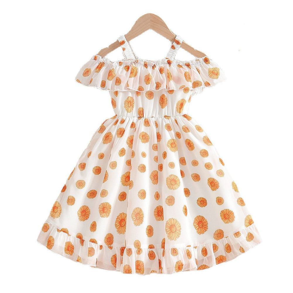 Girls' summer sundress - orange floral print, ruffle collar, tiered cake dress, princess style