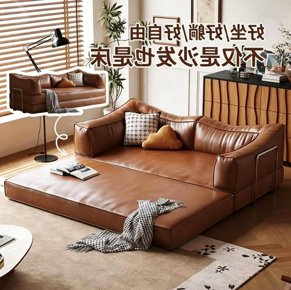 Cat claw leather sofa living room medieval style foldable dual-purpose compressed sofa bed for home small apartment module pudding sofa