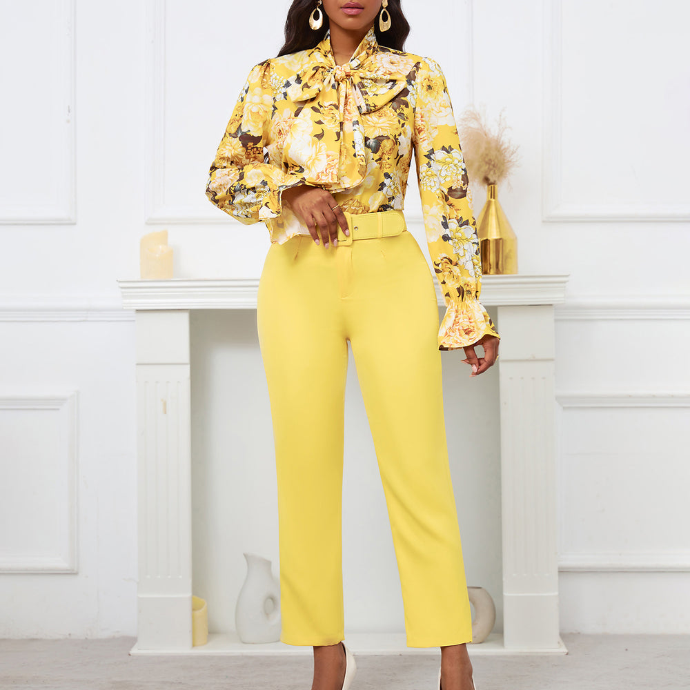D457  fashion new arrivalfashionprinting strappy long-sleeved topshigh waist trousers casual pants exportsuit