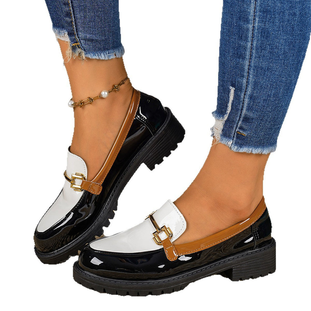 Wholesale plus size loafers: new color block design with metal buckle, british style slip-on chunky heel