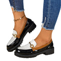 Wholesale plus size loafers: new color block design with metal buckle, british style slip-on chunky heel