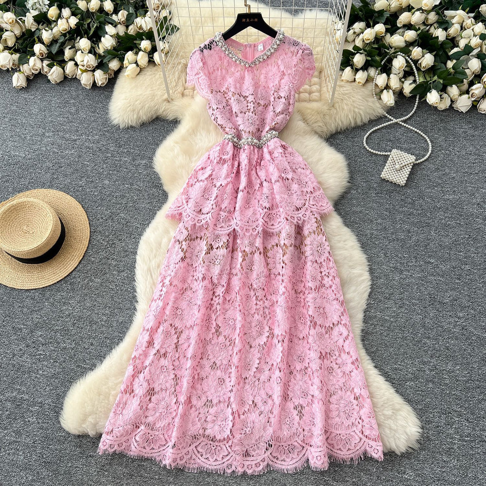 Frenchaccessible luxury celebrity heavy industry beading diamond round neck short sleeve waist lacedress women's slimming lookelegant long skirt