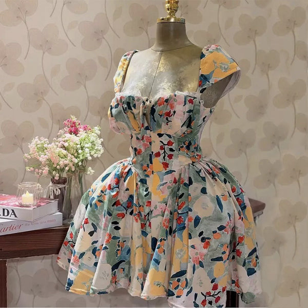 In stock, European and American  women's clothing 2025 summer new fresh suspender lace printed pleated skirt dress