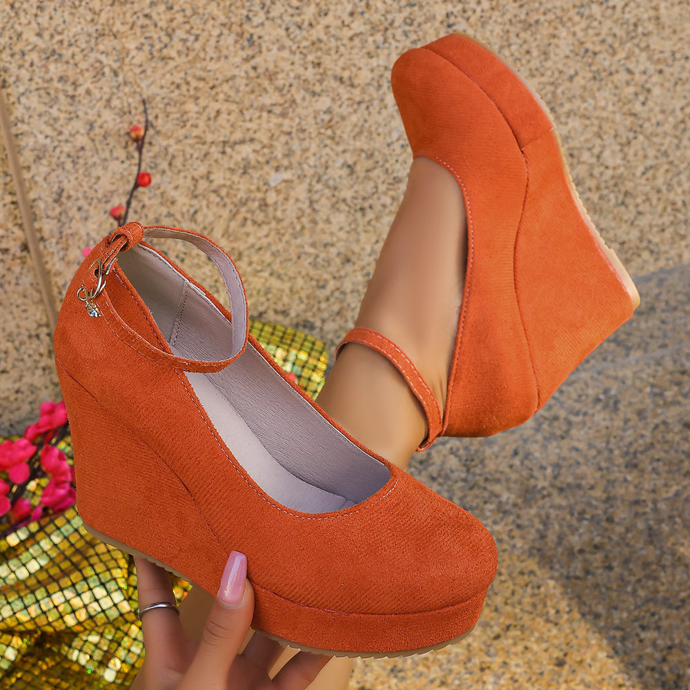 Exportplus sizespring & fallnew arrival wedge flats women's waterproof platform fashion round toe super high heel one-word buckle flatsflats