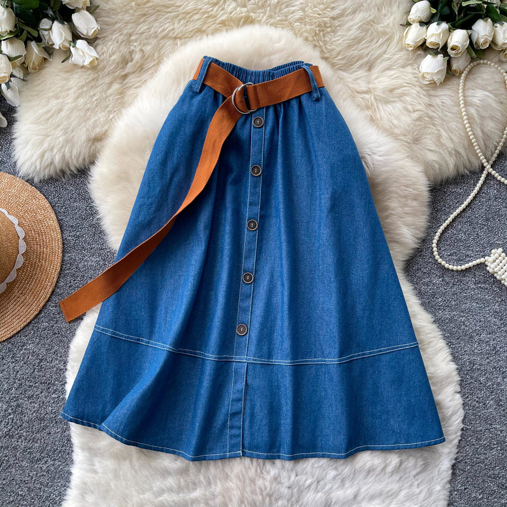 Preppy style denim skirt for women, elastic waistband, a-line midi skirt, summer work clothing, high waistslimming lookelegant skirt