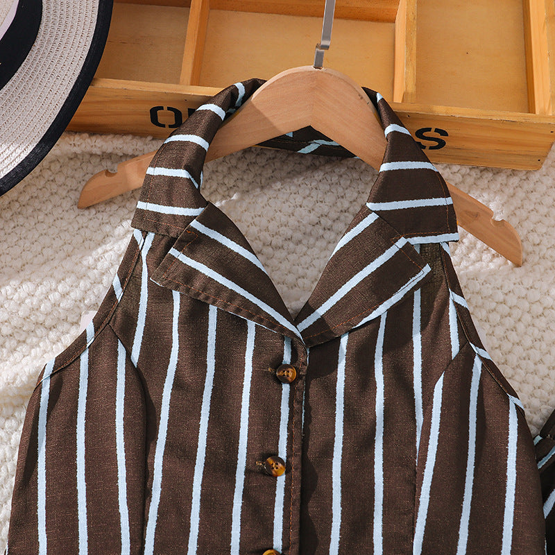 Girls' summer outfit set : new cross-border style - minimalist color block striped halter sleeveless vest top and pants