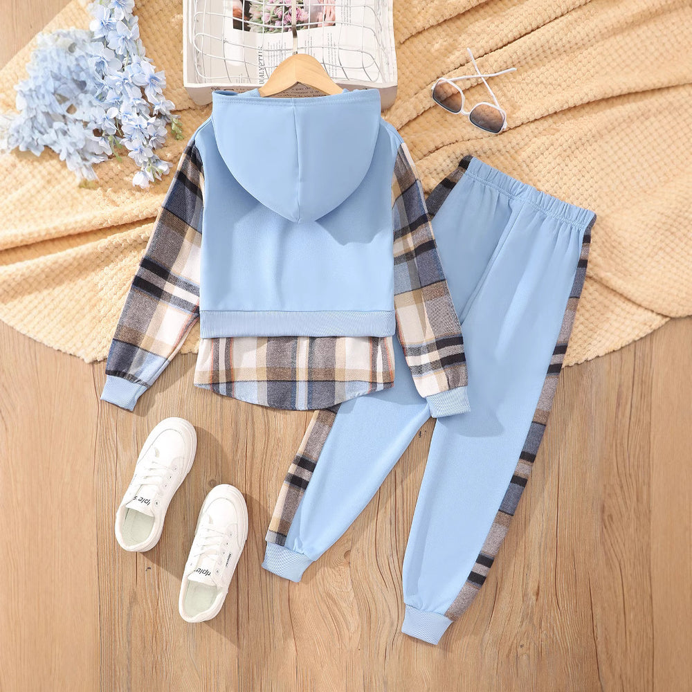 Children's long-sleeved plaid hooded suit