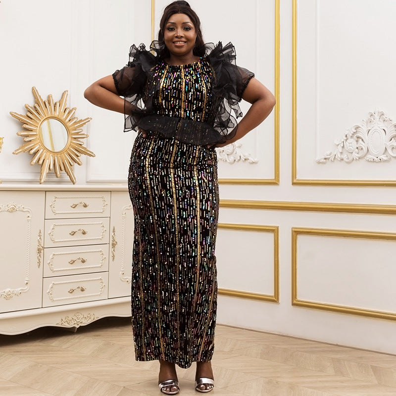 African cross-border sourcing:  new stretch sequin short-sleeve mermaid maxi dress evening gown fashion women's clothing